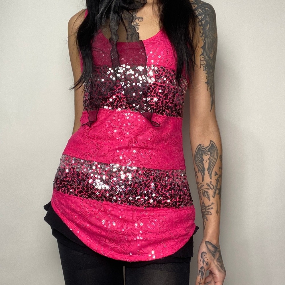 Daytrip Hot Pink Lace Sequin Tank Top Size M Y2K Glam Going Out Longline Cami
